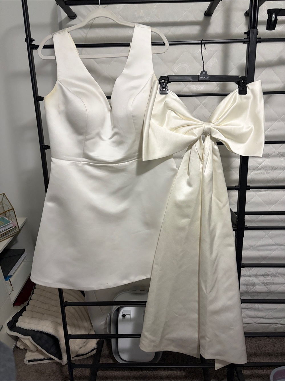 Elegant White V-Neck Satin Mini Dress with Removable Bow Back